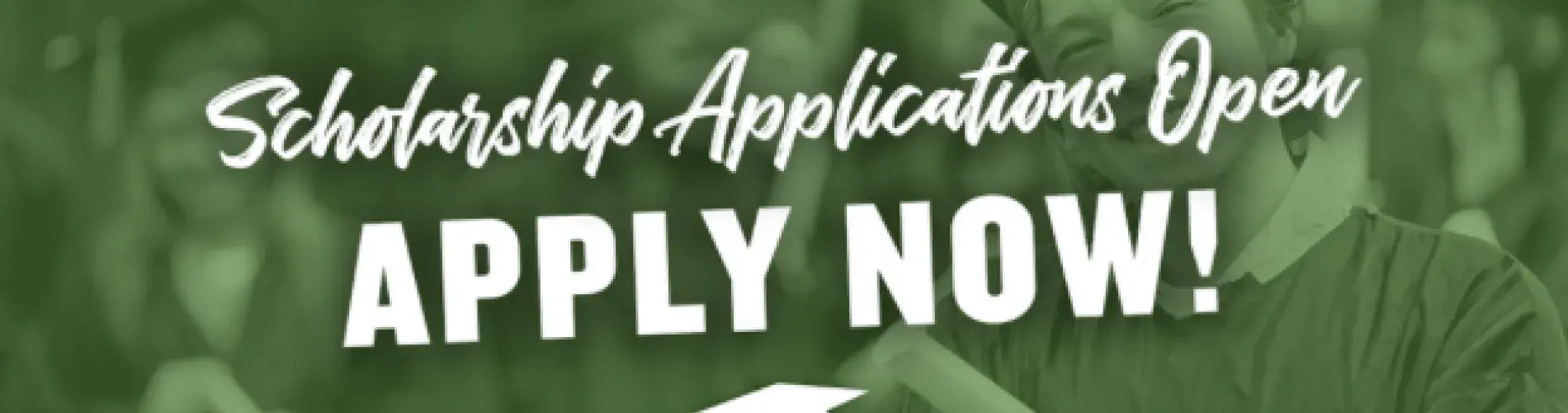 Graduates in caps and gowns, "Apply Now" text overlay.