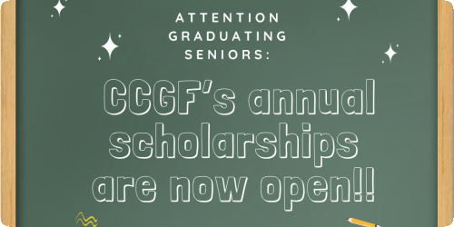 CCGF scholarships open, apply by March 31, 2025. Green chalkboard, chalk and stars.